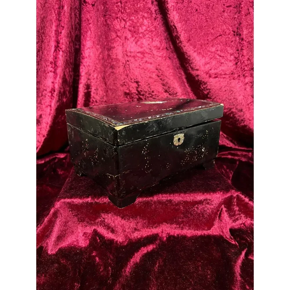 Vintage Black Lacquer Jewelry Box - Mother of Pearl Painted Peacock Vanity Chest